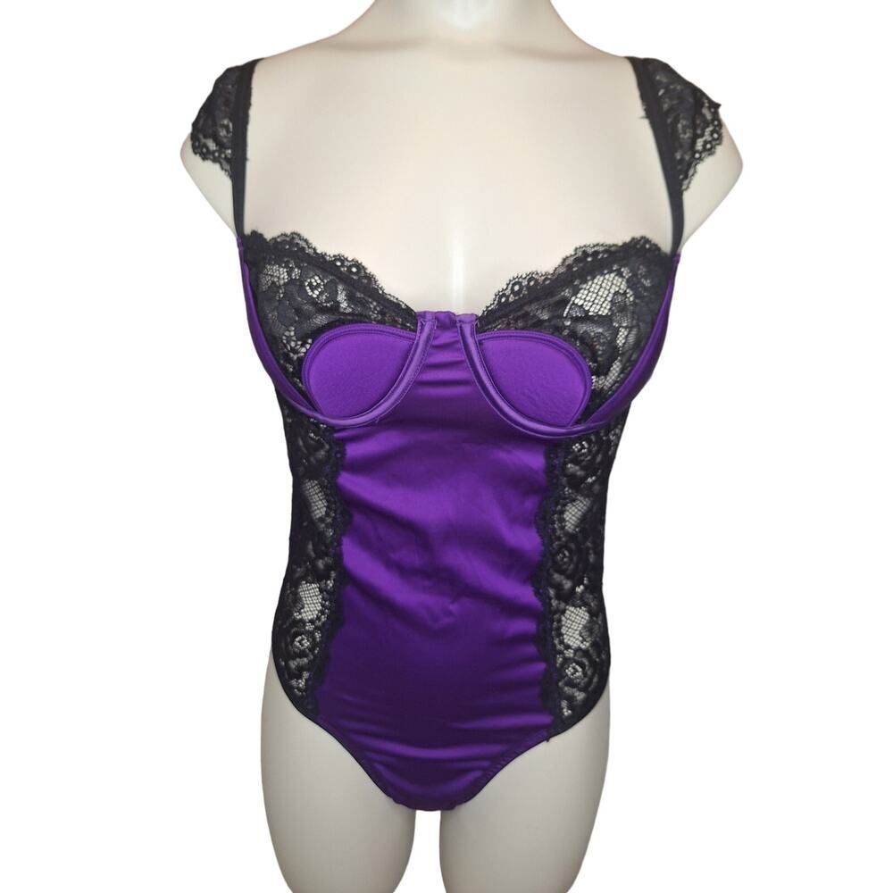 Fredericks of Hollywood Women's Small Ilana Body Suit Purple Black Sheer Lace - Picture 1 of 10